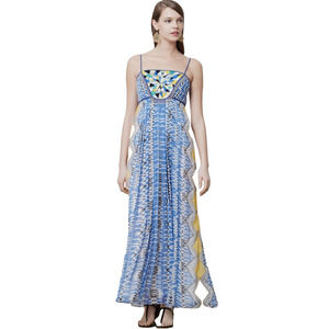 Ranna Gill Maxi Dress Blue Yellow Geometric Print Beaded Strappy L